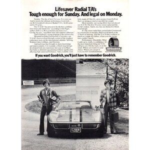 1973 BF Goodrich Tires Lifesaver Radial Chevy Corvette Vintage Print Ad Wall Art